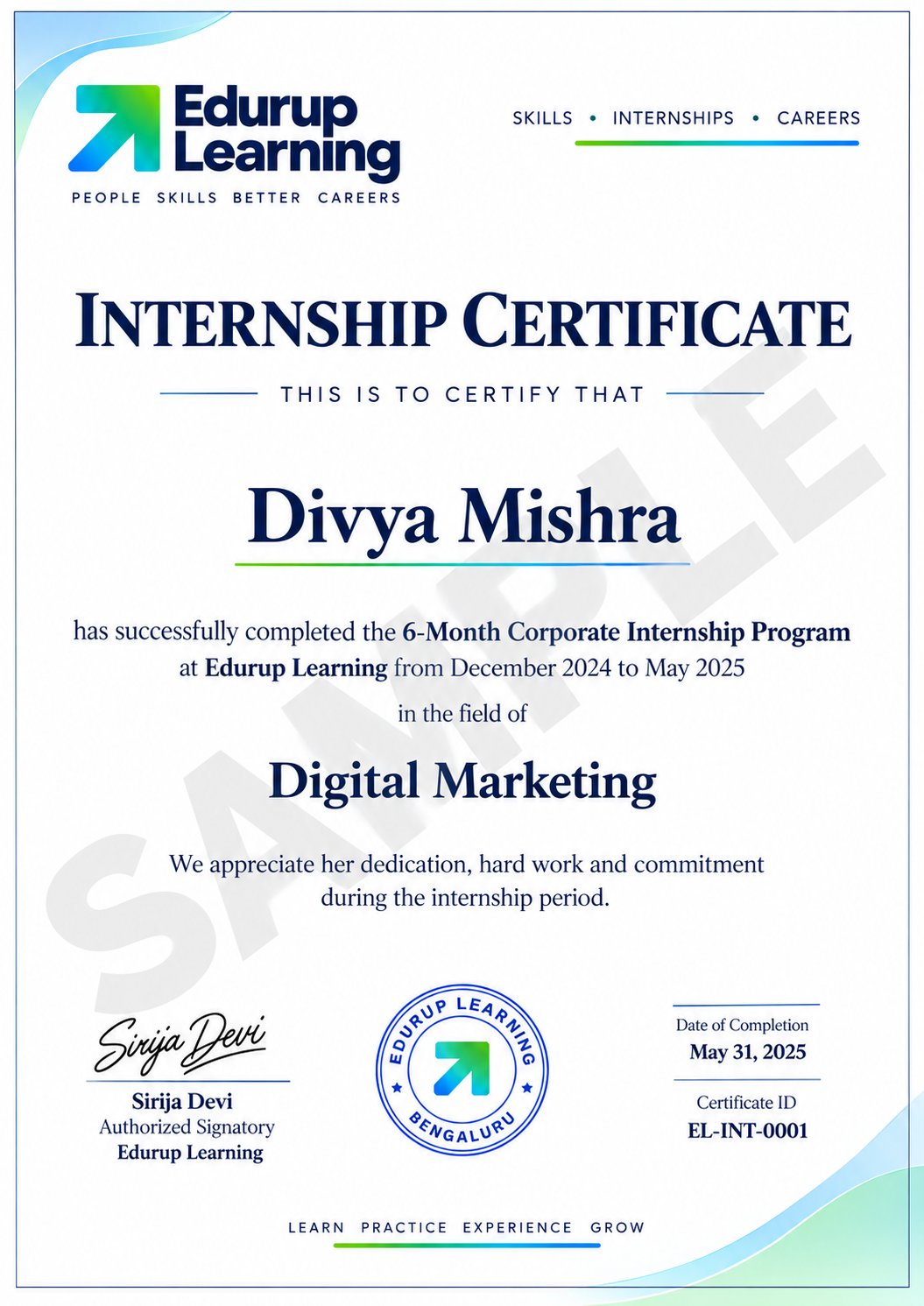 Sample Internship Certificate
